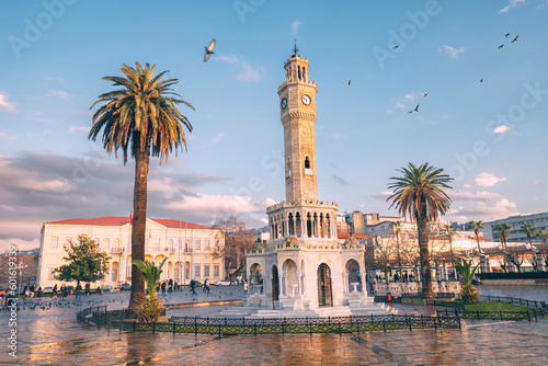 Towering above the surrounding buildings, the clock tower in Konak Square is a popular tourist attraction in Izmir, Turkiye