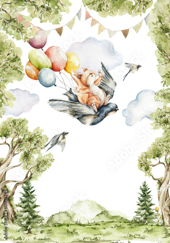 Watercolor nursery birthday frame with balloons. Hand painted woodland card of cute baby animals, forest landscape, tree, squirrel, bird Illustration for baby shower design, wall art, nursery decor