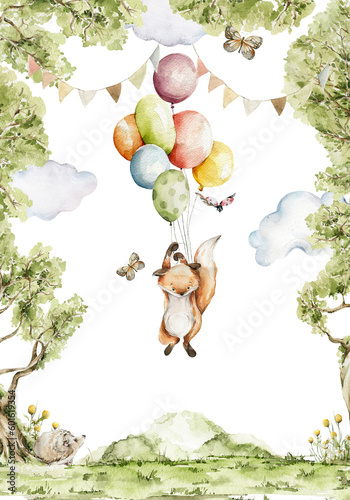 Watercolor nursery birthday frame with balloons. Hand painted woodland card of cute baby animals, forest landscape, tree, fox, birds. Illustration for baby shower design, wall art, nursery decor print
