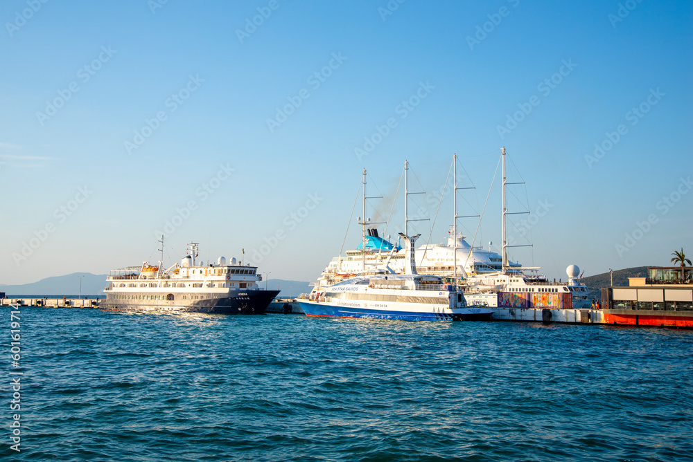 May 9, 2023, Turkey, Kusadasi.sea cruise liner moored in the port of the city.
