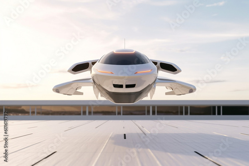 Sports flying car hovering over landing area. Vertical landing flying vehicle for space tourism. Electric VTOL car transport. Ai generated art