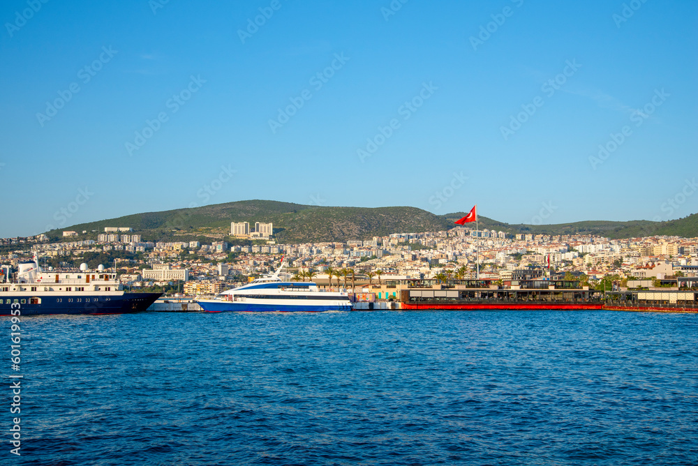 Ships in Kusadasi moored on a summer and sunny day.
