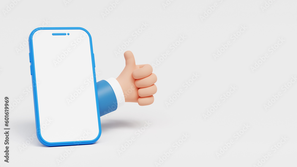 Thumbs up, like it hand gesture with smartphone and free text space on white background. Customer, service, feedback or review concept. 3d illustration