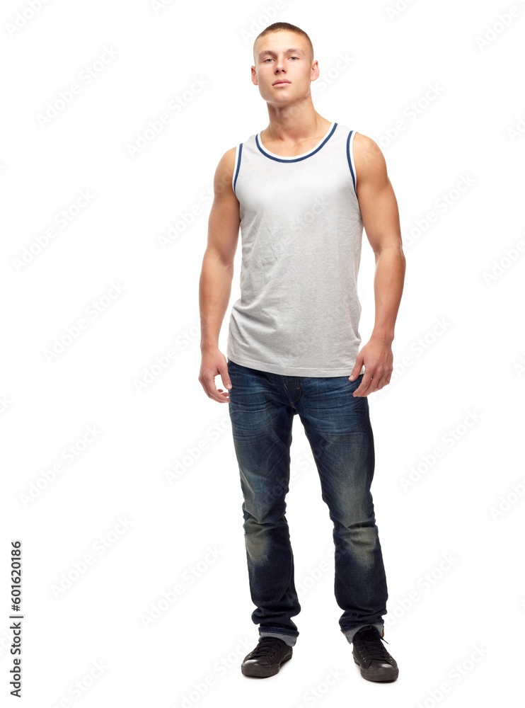 Man, confident and portrait with fashion and modern style in a studio. White background, jeans and young male model with muscles and clothing with youth and attitude feeling proud with confidence Man, confident and portrait with fashion and modern style in a studio. White background, jeans and young male model with muscles and clothing with youth and attitude feeling proud with confidence