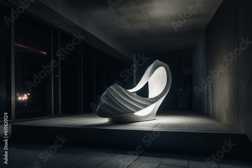 A dim  abstract concrete space with a white sculpture. Lit up at night. Architectural background. Generative AI