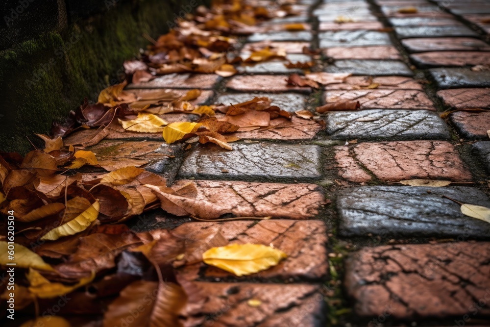 Brick Pathway Covered in Autumn Leaves - AI Generated