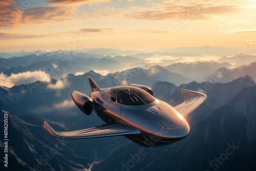 Sports flying car hovering over landscape. Vertical landing flying taxi vehicle for travel. Electric VTOL car transport. Ai generated art photo