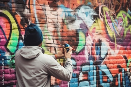 Graffiti Artist at Work on Brick Wall - AI Generated