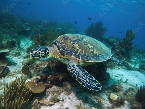 Underwater Serenity: Green Sea Turtle near Coral Reef - AI Generated © dasom