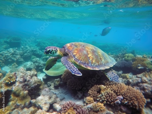 Underwater Serenity: Green Sea Turtle near Coral Reef - AI Generated © dasom