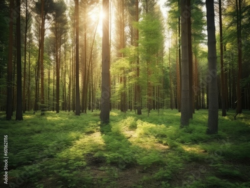 Serene Sunlit Forest  Filtered Sunlight in Tall Green Trees - AI Generated