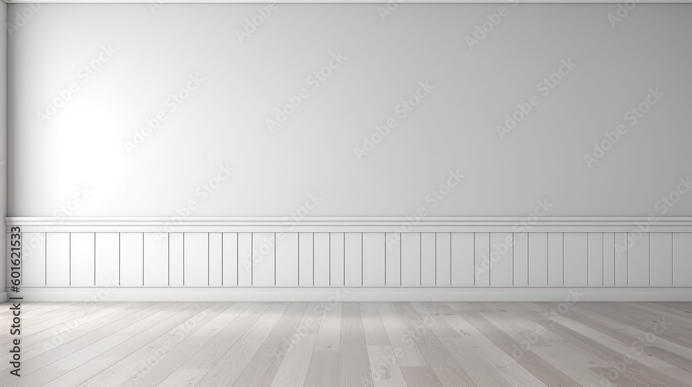 Empty wall mockup. Empty room with a white wall and wood floor. 3D illustration.. Generative AI