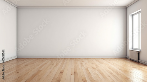 Empty wall mockup. Empty room with a white wall and wood floor. 3D illustration.. Generative AI © Aura