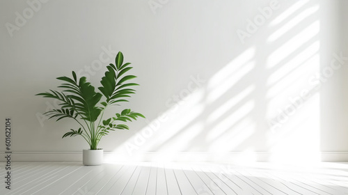 Minimalistic light background with blurred foliage shadow on a white wall. Beautiful background for presentation with with smooth floor.. Generative AI