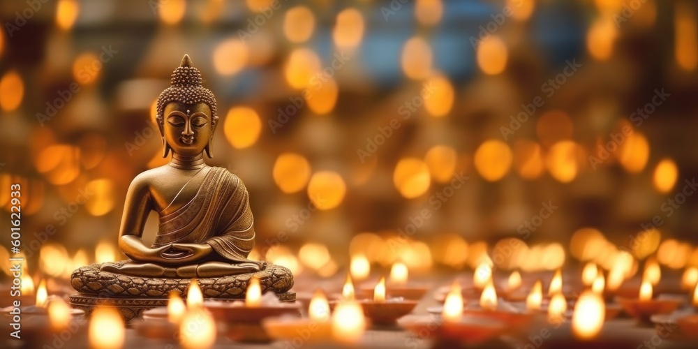 Buddha statues and candles on Vesak Day, bokeh blur background. Generative AI. Buddha statues and candles on Vesak Day, bokeh blur background. Generative AI.
