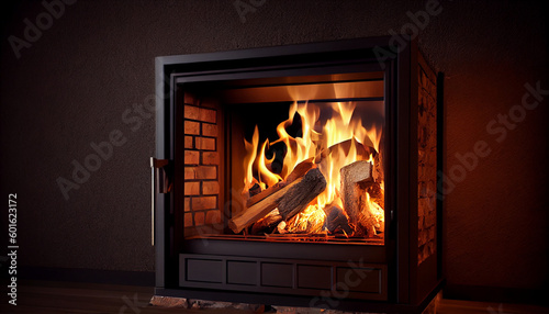 Nice and warm stylish fireplace with burning bonfire Ai generated image