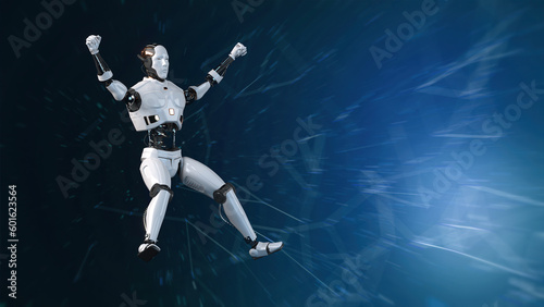 Futuristic world robots are running. Presentation of technology with robots.  3d rendering action of robot. © Ake