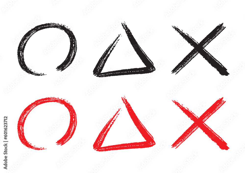 Brush writing circles, triangles and cross marks (black and red)／筆書きの丸と三角とバツマーク（黒・赤） - obrazy, fototapety, plakaty 