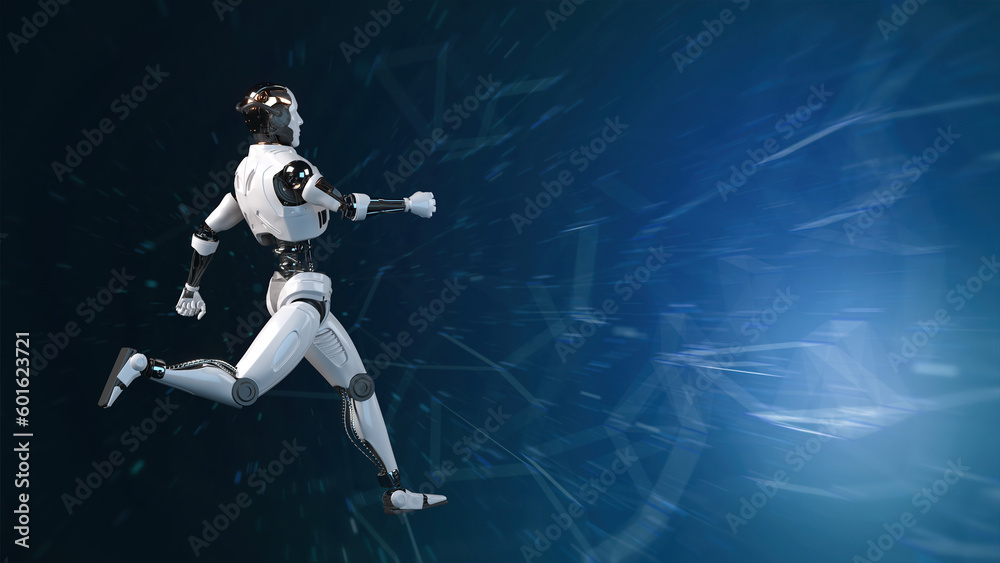 Fototapeta premium Futuristic world robots are running. Presentation of technology with robots. 3d rendering action of robot.