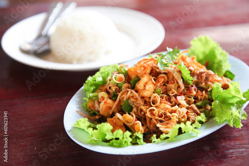 spicy Lemongrass Salad with Shrimp, close up, selective focus