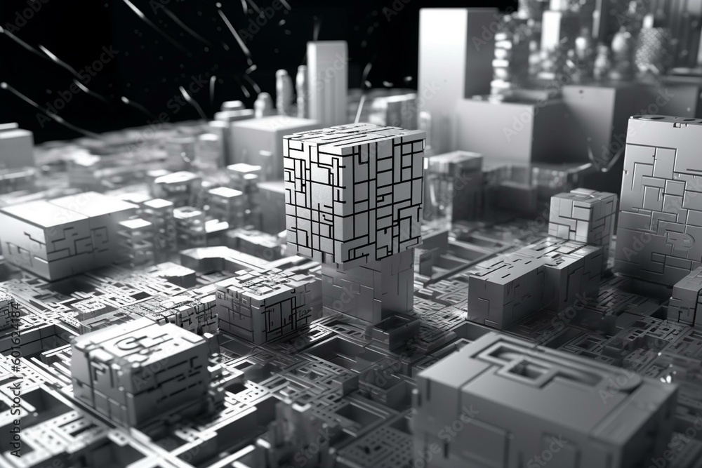 Decentralized finance on a monochrome LSD display among blocks; 3D rendering against blockchain backdrop. Keywords: defi, blockchain, finance, decentralized, system, cryptocurrency,. Generative AI Decentralized finance on a monochrome LSD display among blocks; 3D rendering against blockchain backdrop. Keywords: defi, blockchain, finance, decentralized, system, cryptocurrency,. Generative AI
