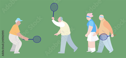 Seniors people playing tennis. Outdoor activity for retired people, healthy lifestyle. Cartoon vector illustration isolated on white background