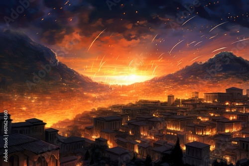 a fiery meteorite hit a ancient greek city causing an apocalyptic explosion. catastrophe. Generative AI 