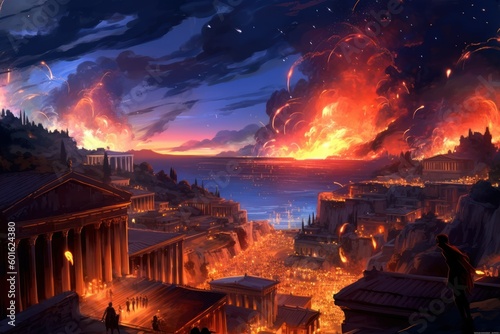 a fiery meteorite hit a ancient greek city causing an apocalyptic explosion. catastrophe. Generative AI 