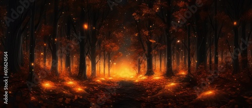Beautiful fall forest at night, Generative AI