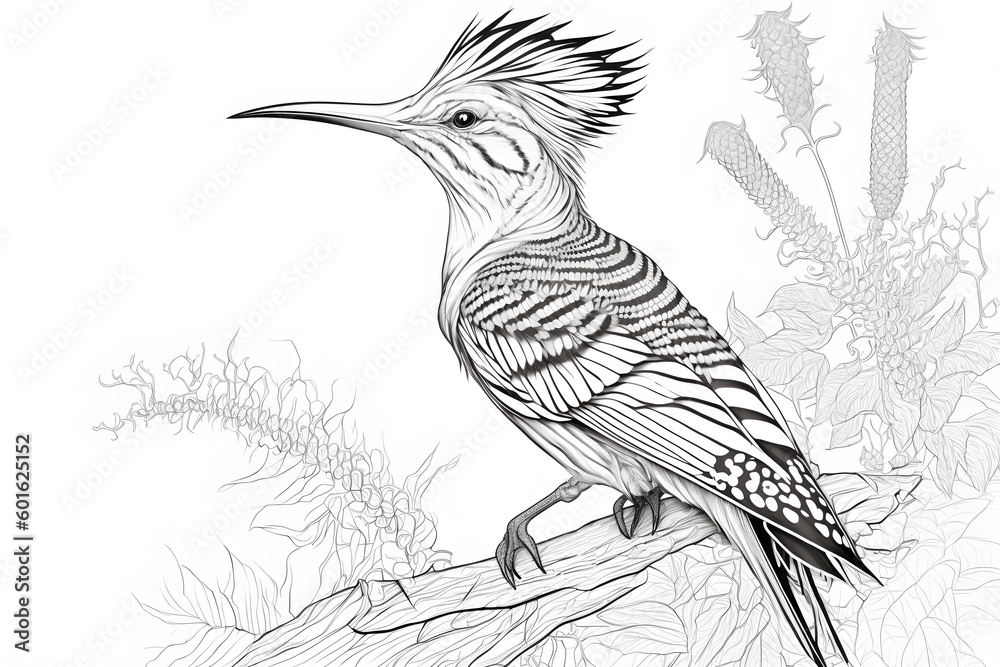 Forest bird hoopoe. Coloring page created with generative AI technology