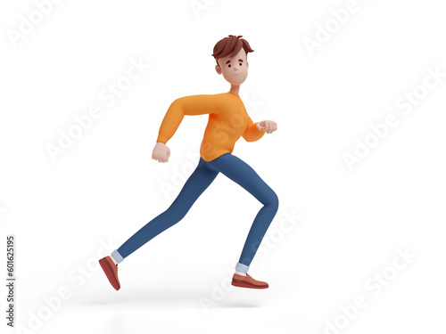 3D young positive man running. Portrait of a funny cartoon guy in casual clothes, sweater and jeans. Minimalistic stylized character. 3D illustration on white background.