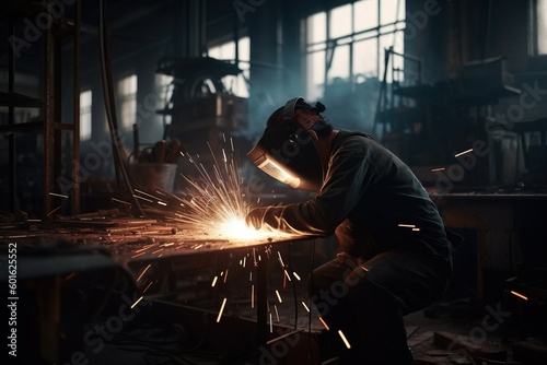 Welding in a factory area with sparks. Generative ai