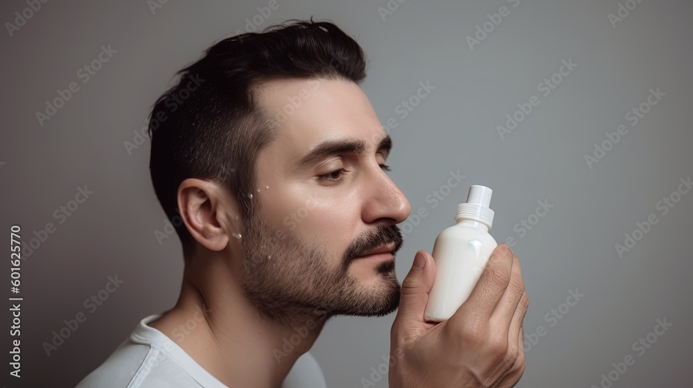 Portrait of Young handsome man applying cosmetic cream on his face. Skin care concept.Generative Ai Portrait of Young handsome man applying cosmetic cream on his face. Skin care concept.Generative Ai