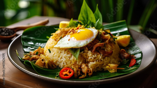 food photography of a fried rice with hot steam. in the fried rice. generative ai