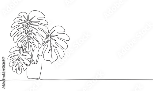 Monstera deliciosa in pot. One line continuous houseplant in pot. Line art plant monstera in pot. Outline vector illustration.