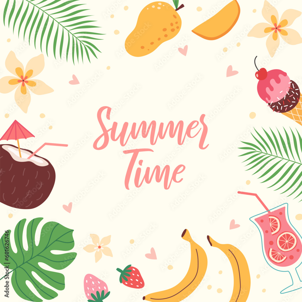 Vector summer card with hand drawn tropical leaves, flowers, exotic fruits, ice cream, beach accessories. Modern template for poster, banner, social media post, cover, invitation.