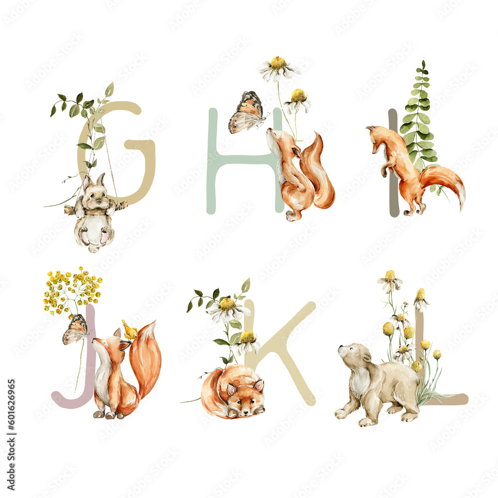 Watercolor cute woodland alphabet. Hand painted baby letters, numbers with field greenery, wild flowers, forest animals. Font with bunny, bear, deer, fox. Nursery, kids illustration for poster print