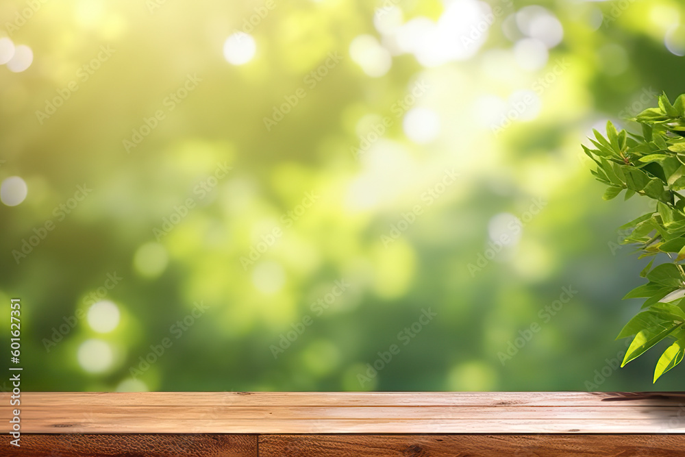 Empty Wooden Table with Blurred Greenery Background. created with Generative AI Empty Wooden Table with Blurred Greenery Background. created with Generative AI