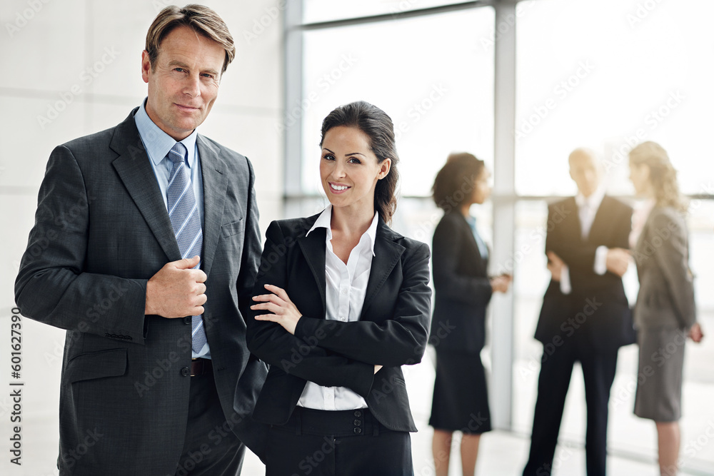 Portrait, business and employees in a lobby, collaboration and teamwork at the workplace. Face, man and woman with confidence, happiness and coworkers with partnership, staff and startup success Portrait, business and employees in a lobby, collaboration and teamwork at the workplace. Face, man and woman with confidence, happiness and coworkers with partnership, staff and startup success