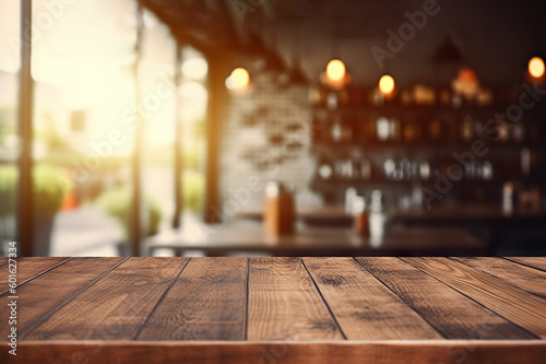 Vintage coffee shop interior with empty wooden table and blurred bokeh background. created with Generative AI