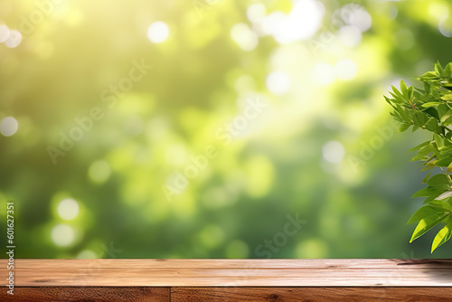 Empty Wooden Table with Blurred Greenery Background. created with Generative AI