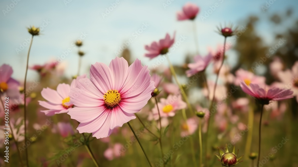 Cosmos flowers blooming in the garden. Beautiful cosmos flowers, Generative AI