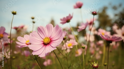 Cosmos flowers blooming in the garden. Beautiful cosmos flowers, Generative AI