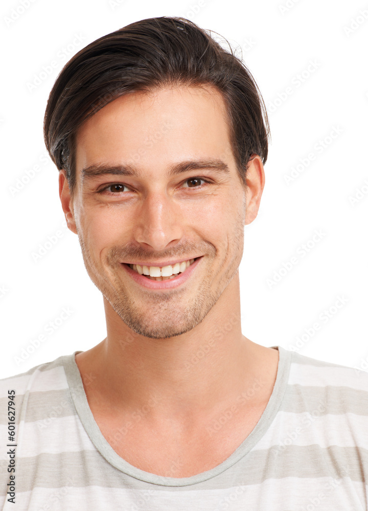 Fashion, smile and portrait of man in studio for casual, trendy and cool. Happiness, young and confident with face of male model isolated on white background for happy, youth and positive style Fashion, smile and portrait of man in studio for casual, trendy and cool. Happiness, young and confident with face of male model isolated on white background for happy, youth and positive style