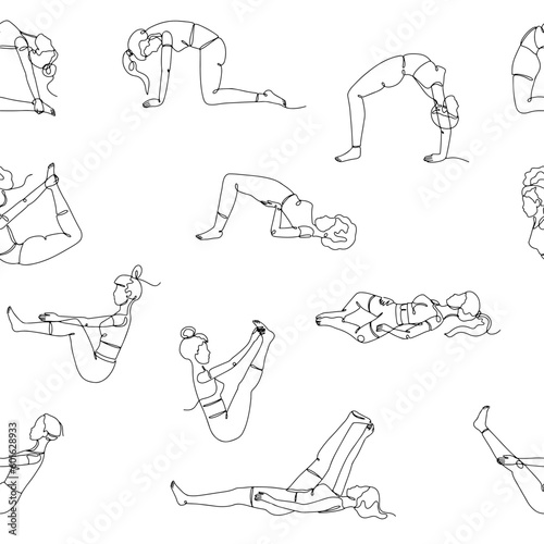 Seamless pattern with single line drawings of yoga poses. Linear hand drawn asana doodles wallpaper on white background