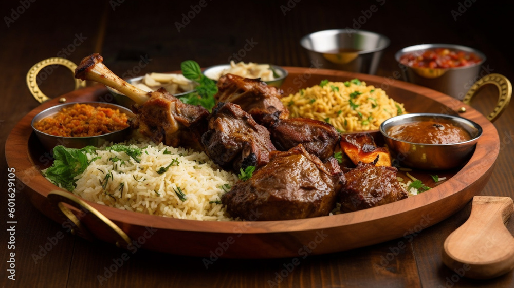 briyani in a wooden plate with lamb shank. generative ai briyani in a wooden plate with lamb shank. generative ai