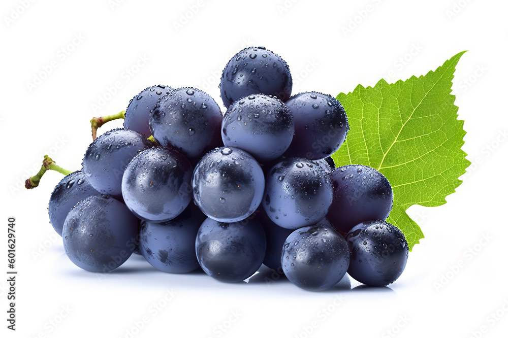 Fototapeta premium Fresh Blue Grapes Bunch Isolated on White Background, Close-up Shot. created with Generative AI