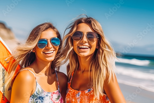 Smiling friends in sunglasses with surfs on beach. Young people spending summer days on the beach with friends. Generative AI