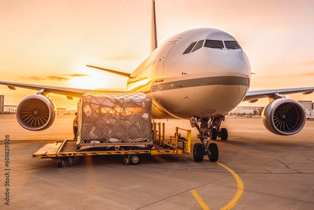 Loading cargo plane outside air freight logistic. Airmail shipping packages. Shipping boxes ready to be delivered. Generative AI - obrazy, fototapety, plakaty 