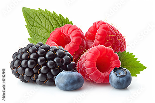 Juicy Wild Berry Mix with Raspberry, Blueberries, and Blackberries - Fresh and Vibrant Berries on White Background. created with Generative AI